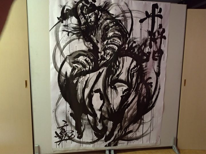 7月21日、こうじょう雅之さんのライブペインティングで描かれた平将門公は資料館1階に展示されています。